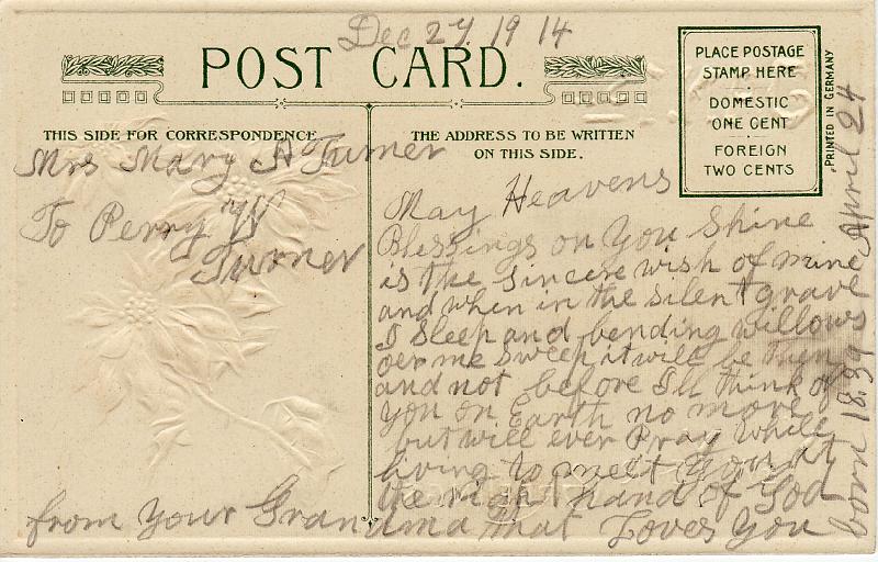 MASY postcard to PWT back.jpg - A post card written to Perry Woodson Turner by his grandmother, Mary Susan Amanda Younger Turner (1839-1928).